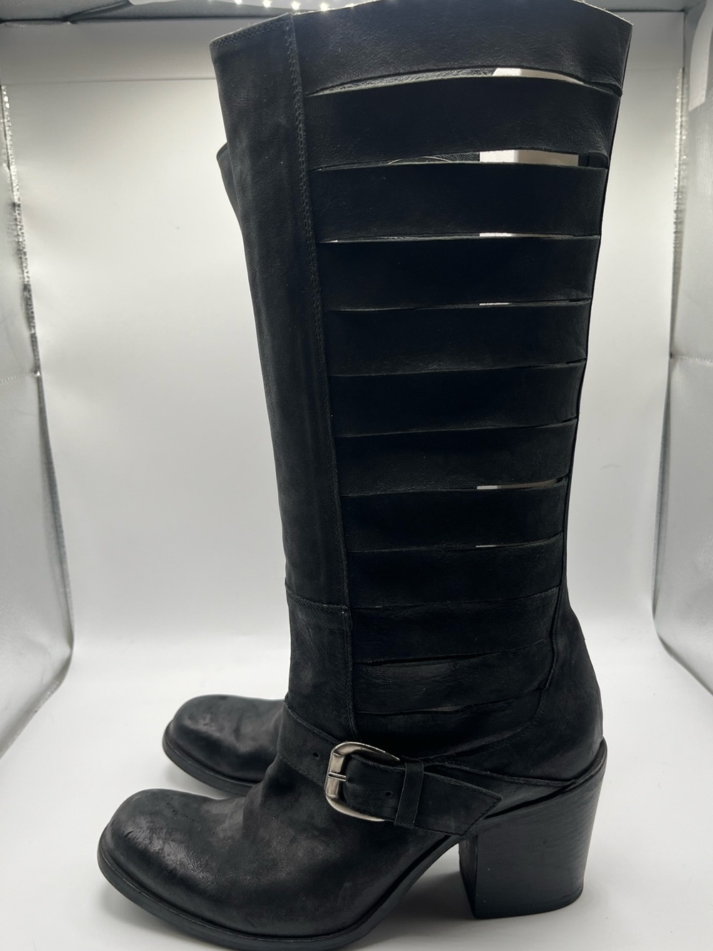 VTG Y2K CO-OP Barneys New York Black Leather Caged Cutout Knee High Boots 38 US8